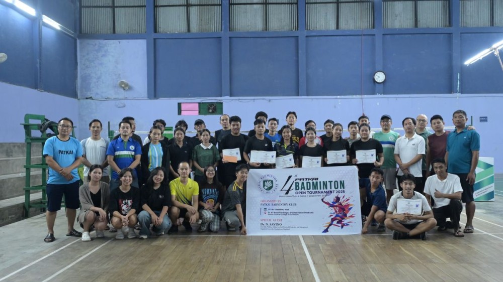 Winners of the 4th Patkai Badminton Open Tournament 2025 at the Dr. H. Ibotombi Singh Patkai Indoor Stadium on October 18.