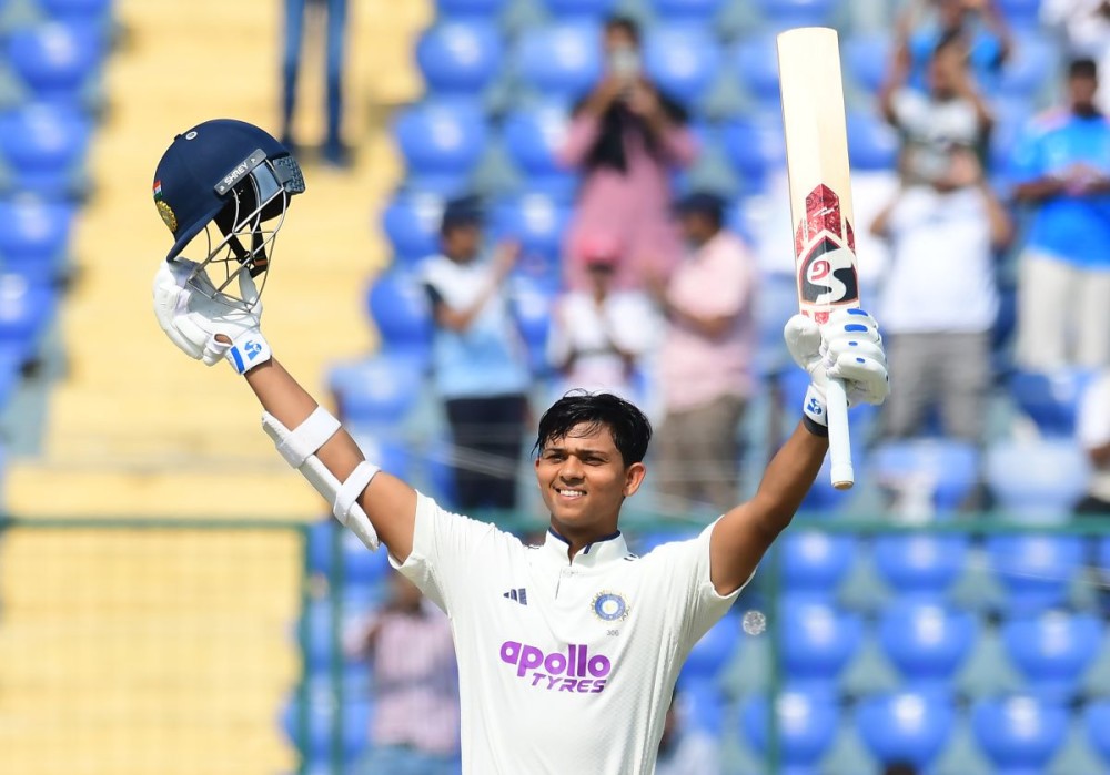 New Delhi: India's Yashasvi Jaiswal celebrates after scoring a century during the first day of the second cricket test match between India and West Indies at the Arun Jaitley Stadium in New Delhi, Friday, October 10, 2025. (Photo: IANS/Qamar Sibtain)