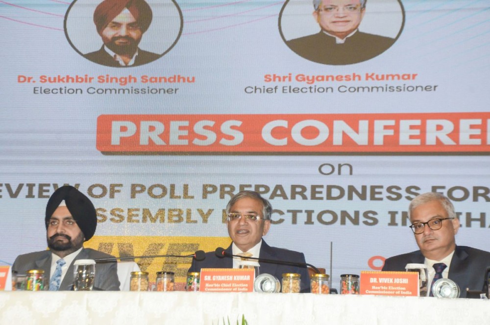 Patna: Chief Election Commissioner (CEC) Gyanesh Kumar, Election Commissioners Vivek Joshi and Sukhbir Singh Sandhu address a press conference in Patna, Bihar, on Sunday, October 5, 2025. (Photo: IANS)