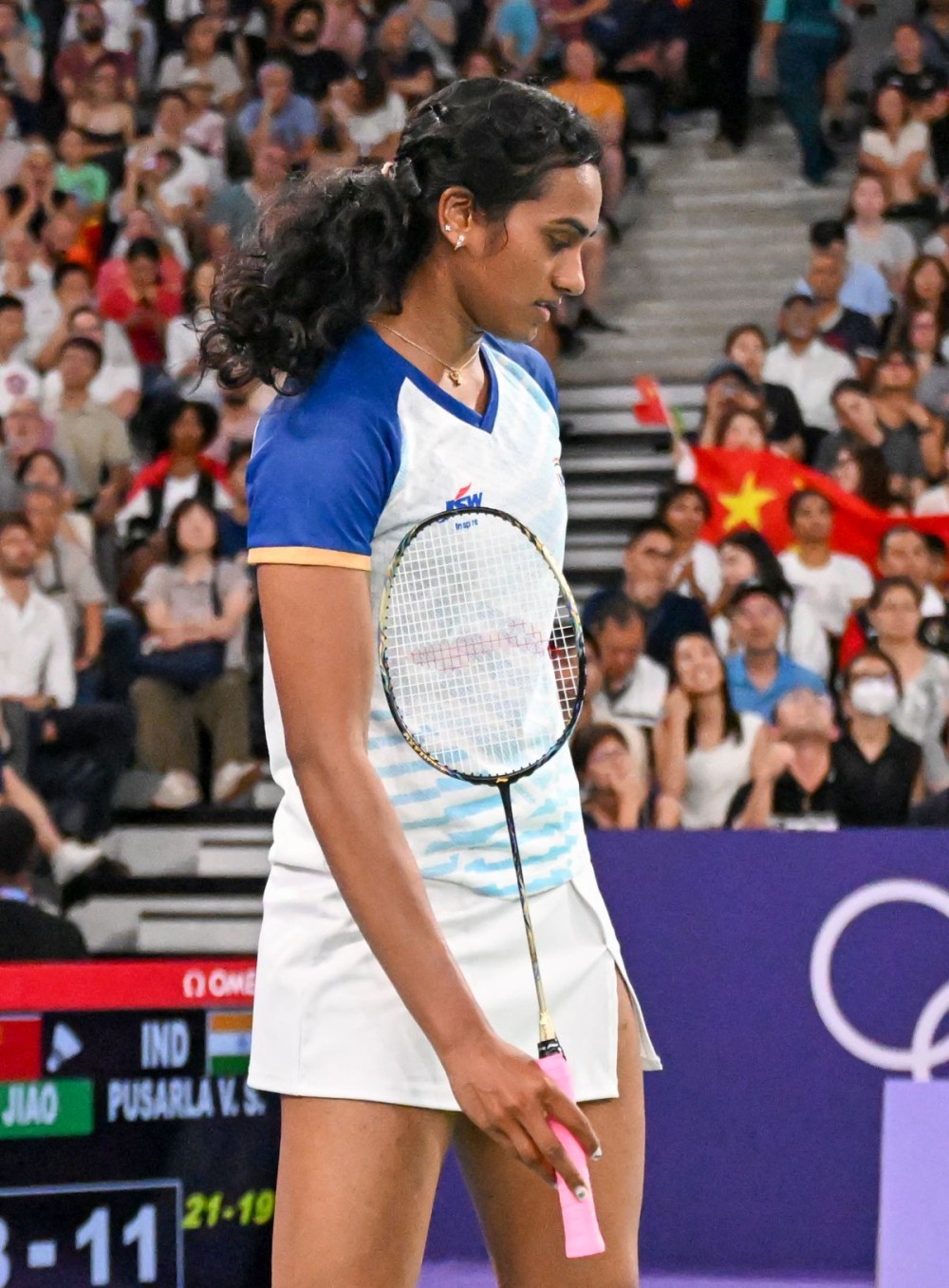 Paris : India's PV Sindhu reacts during the women's singles badminton round of 16 match against China's He Bingjiao at the Paris Olympics 2024, Paris, France, Thursday, Aug. 1, 2024. (Photo: IANS/Biplab Banerjee)