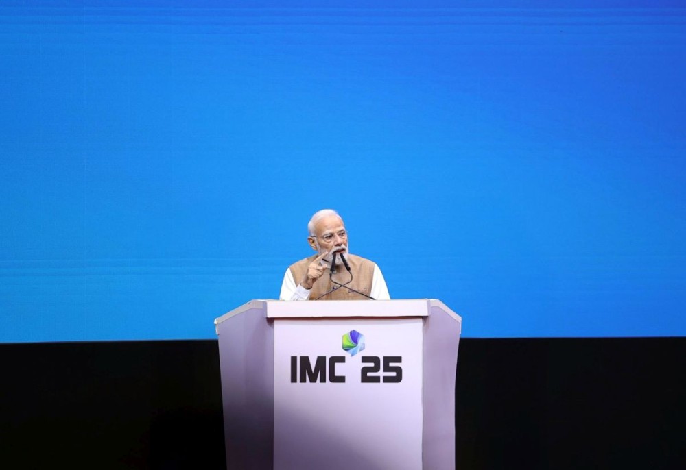 New Delhi: Prime Minister Narendra Modi speaks during the inauguration of the India Mobile Congress 2025 at Yashobhoomi in New Delhi on Wednesday, October 08, 2025. (Photo: IANS/PMO)