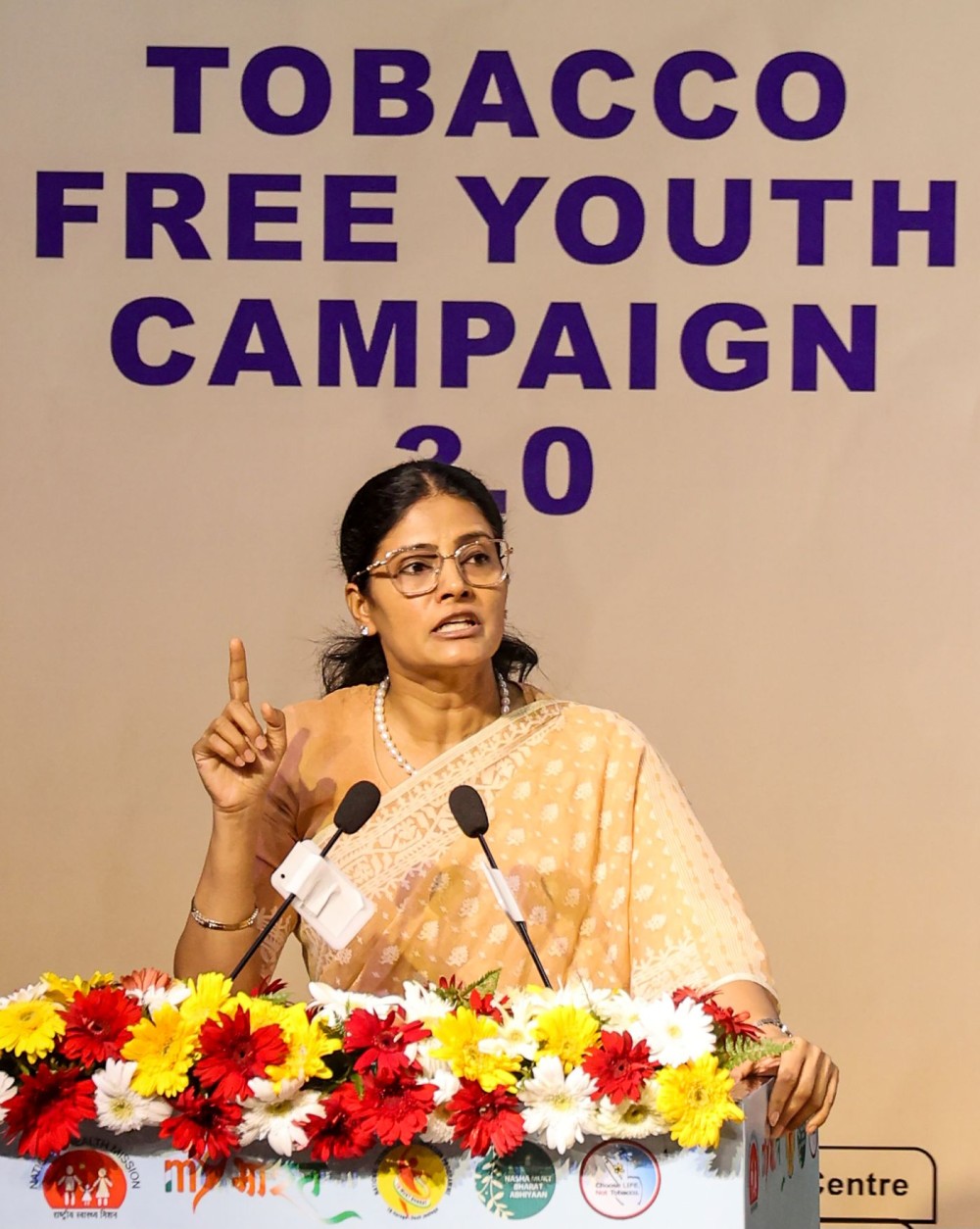 New Delhi: Union Minister of State for Health Anupriya Patel addresses the gathering during the launch of the ‘Tobacco Free Youth’ Campaign 3.0 at Ambedkar Centre in New Delhi on Thursday, October 9, 2025. (Photo: IANS/Prem Nath Pandey)