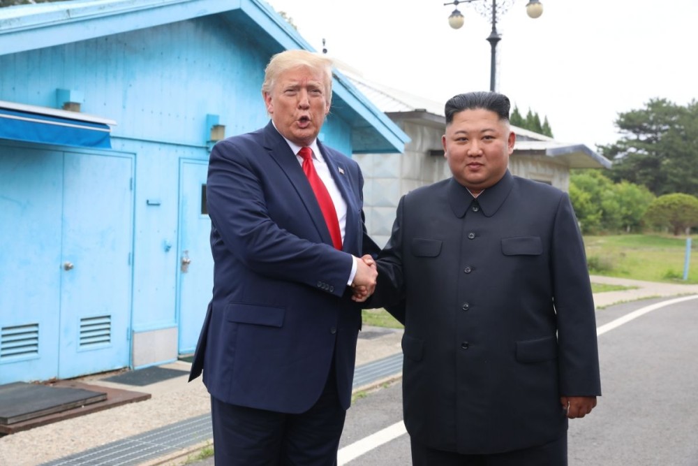 Panmunjom, June 30, 2019 U.S. President Donald Trump meets with Kim Jong Un, top leader of the Democratic People's Republic of Korea (DPRK), in the inter-Korean border village of Panmunjom on June 30, 2019. (Xinhua/NEWSIS/IANS)