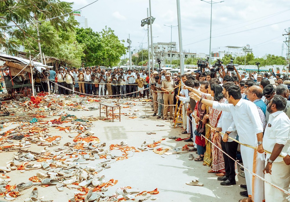 BJP MP Hema Malini, leading an eight-member NDA delegation, conducted a detailed on-ground assessment of the events leading to the stampede during the TVK rally in Karur on Tuesday, September 30, 2025. (Photo: IANS/X/@annamalai_k)