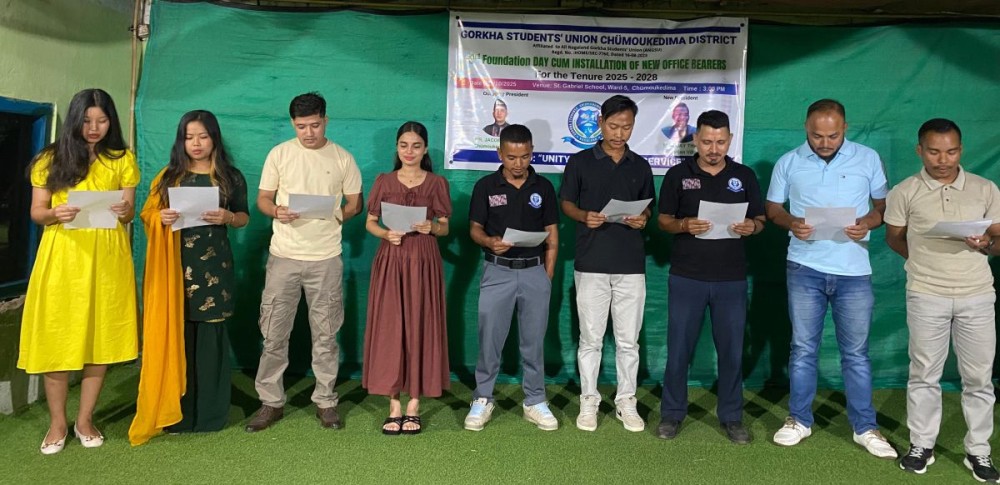 The newly elected office bearers of the Gorkha Students’ Union, Chümoukedima District, for the 2025–2028 tenure, with guests and members during the 3rd Foundation Day-cum-Installation Programme held on October 26 at Chümoukedima Town.