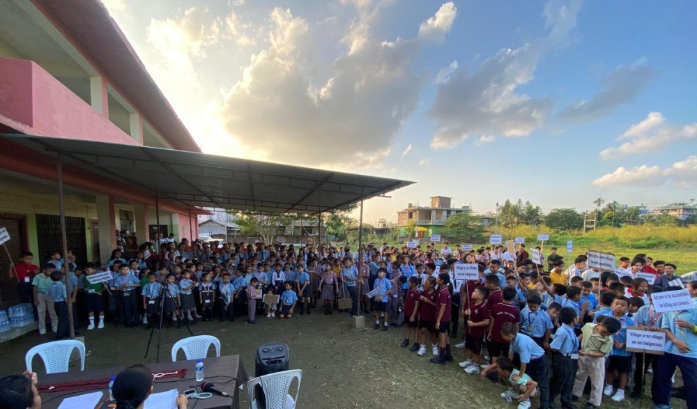 School students assemble at Government Primary School, Mishikito, under the banner of the Mishikito Students’ Union on October 13. (Morung Photo)