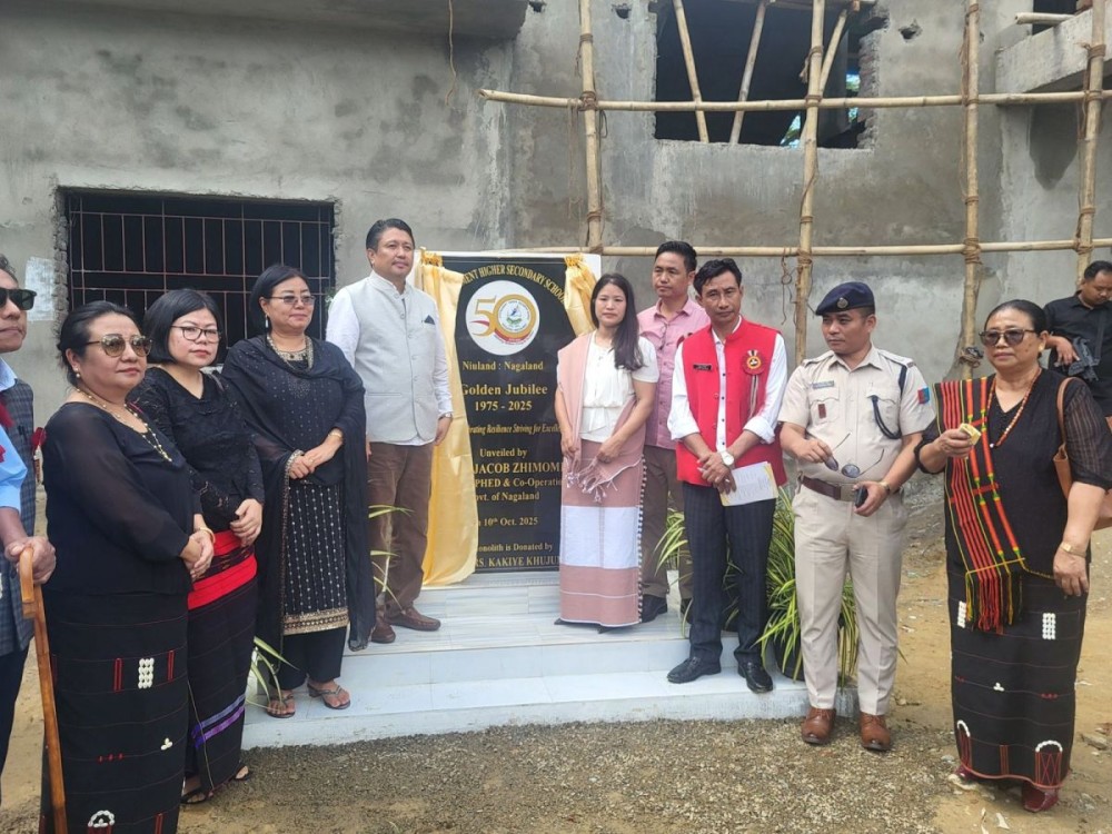 PHED Minister Jacob Zhimomi at the unveiling of the Golden Jubilee monolith of Government Higher Secondary School, Niuland, on October 10.