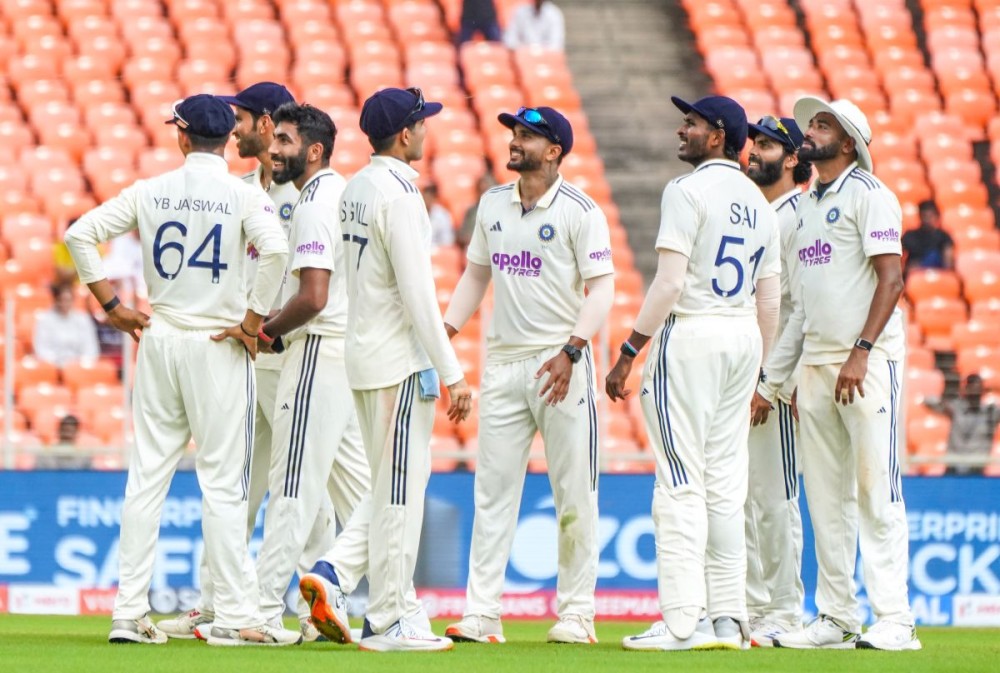 Ahmedabad: India's Jasprit Bumrah celebrates with teammates after dismissing West Indies' Justin Greaves during day one of the first Test match between India and West Indies in Ahmedabad on Thursday, October 2, 2025. (Photo: IANS)