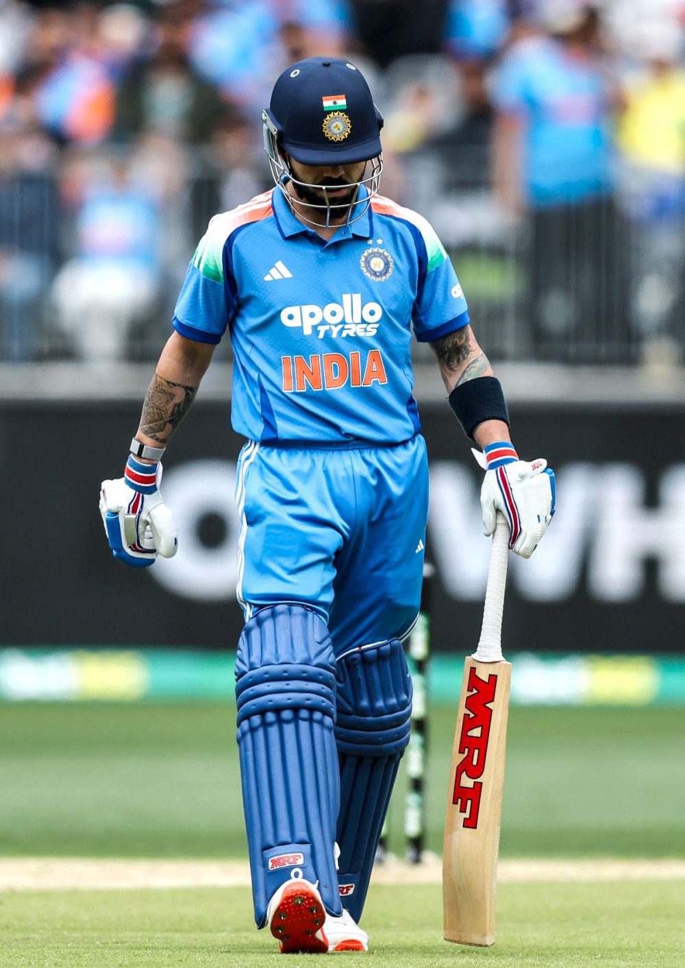 Perth: India’s Virat Kohli walks back to the pavilion after being dismissed during the 1st ODI cricket match between India and Australia at Perth Stadium in Perth, Australia on Sunday, October 19, 2025. (Photo: IANS)