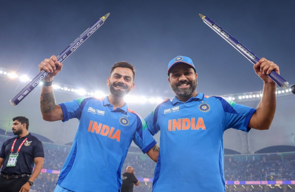 Dubai: India's Virat Kohli and captain Rohit Sharma celebrate their team's victory in the ICC Champions Trophy final cricket match against New Zealand at Dubai International Cricket Stadium in Dubai on Sunday, March 9, 2025. (Photo: IANS/@ICC)