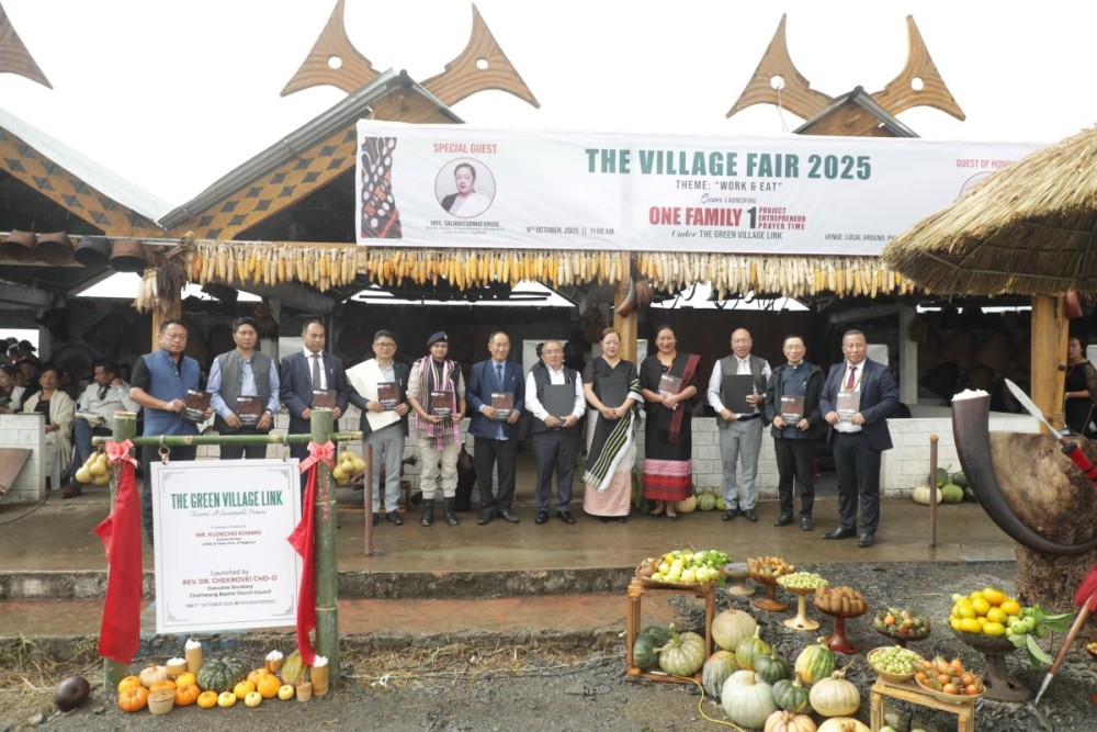 Salhoutuonuo Kruse, Kudecho Khamo, Z. Nyusietho Nyuthe, Dr. Sukhato A. Sema and others during the dedication of “The Green Village Link” at Phusachodu on October 9. (Morung Photo)