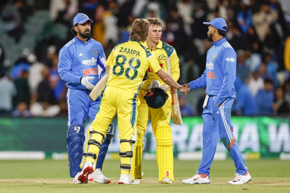 Adelaide: Australia's Cooper Connolly and Adam Zampa greet Indian players after winning the 2nd ODI cricket match against India at the Adelaide Oval in Adelaide on Thursday, October 23, 2025. (Photo: IANS)