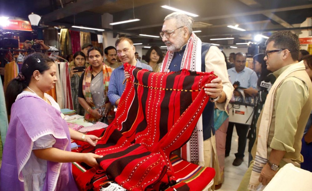 New Delhi: Union Minister of Textiles, Giriraj Singh along with the Minister of State for External Affairs and Textiles, Pabitra Margherita took a walkthrough of exhibition showcased on the exclusive ‘Handloom Expo’ organized as part of the 10th National Handloom Day celebrations at Handloom Haat, in New Delhi on Monday, August 12, 2024.(IANS)