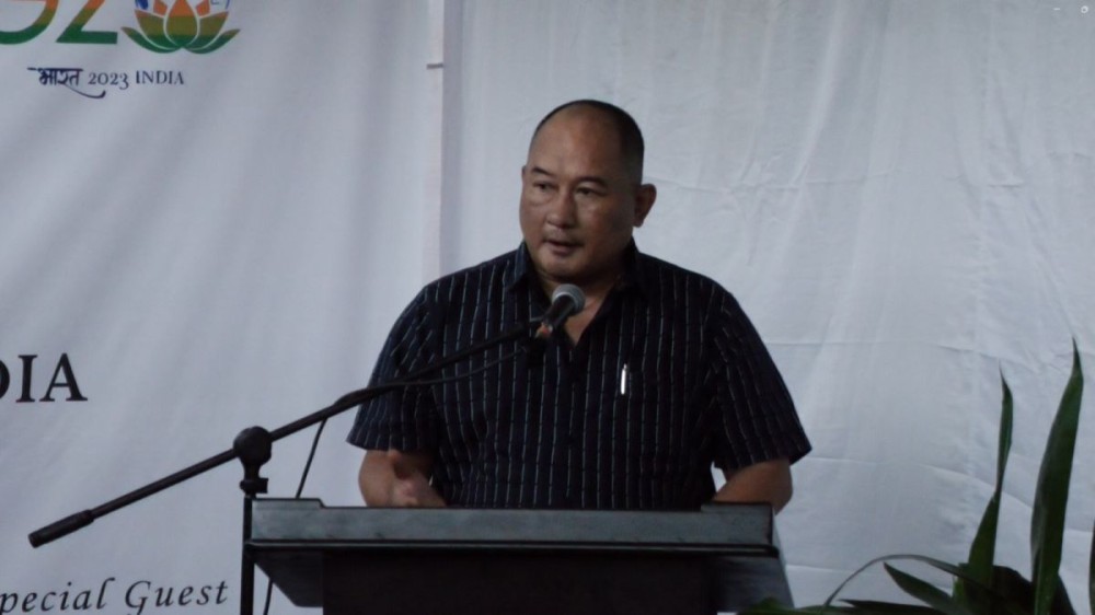 MLA and Advisor for Transport and Technical Education, Temjenmenba, speaking at the inauguration of the Dimapur office of the Micro, Small and Medium Enterprises - Promotion Council of India (MSME-PCI) at Indisen village.