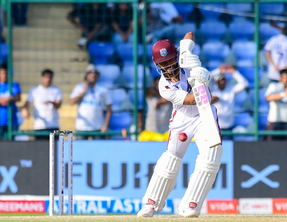 New Delhi: West Indies’ Shai Hope plays a shot during day three of the second and final Test match between India and West Indies, in New Delhi on Sunday, October 12, 2025. (Photo: IANS/Qamar Sibtain)