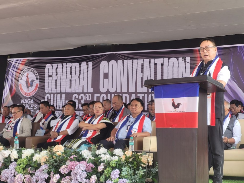 Kuzholuzo (Azo) Nienu addressing the General Convention of NPF cum 63rd Foundation Day at Indira Gandhi Stadium, Kohima on October 21. (Morung Photo)