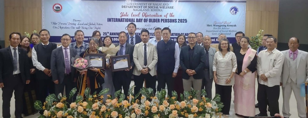 Wangpang Konyak and others with recipients of State Senior Citizen Award during International Day of Older Persons 2025 in Kohima on October 1. (Morung Photo)