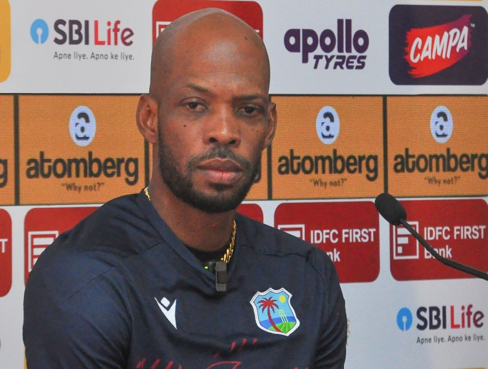 New Delhi: West Indies' captain Roston Chase addresses a press conference ahead of the second and final Test match of the series between India and West Indies, in New Delhi on Thursday, October 9, 2025. (Photo: IANS/Qamar Sibtain)