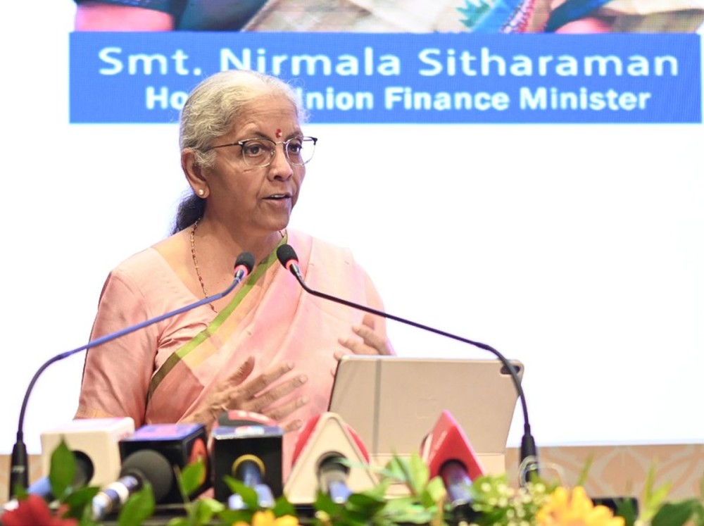 Ghaziabad: Union Finance Minister Nirmala speaks during the inauguration of the new CGST Bhawan in Ghaziabad on Friday, October 24, 2025. (Photo: IANS/X/@nsitharamanoffc)