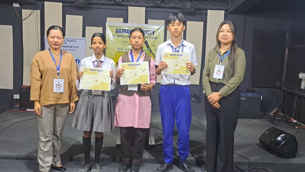 Winners of the 4th Dorians Society Spelling Bee 2025 along with the judges at Kingdom Culture Church Hall, Dimapur, on October 18.