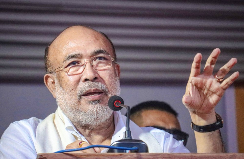 Imphal: Former Chief Minister N. Biren Singh addresses the Diamond Jubilee celebration at Sangakpham Ground in Imphal on Saturday, September 27, 2025. (Photo: IANS)