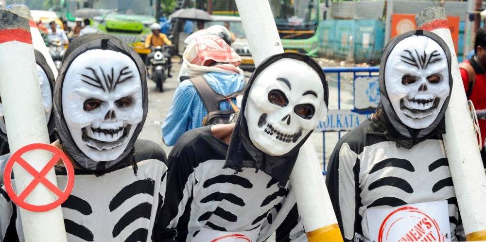 Kolkata: Activists wear skeleton masks and outfits during an anti-tobacco rally on the occasion of World No Tobacco Day, in Kolkata  on Saturday, May 31, 2025. (Photo: IANS)