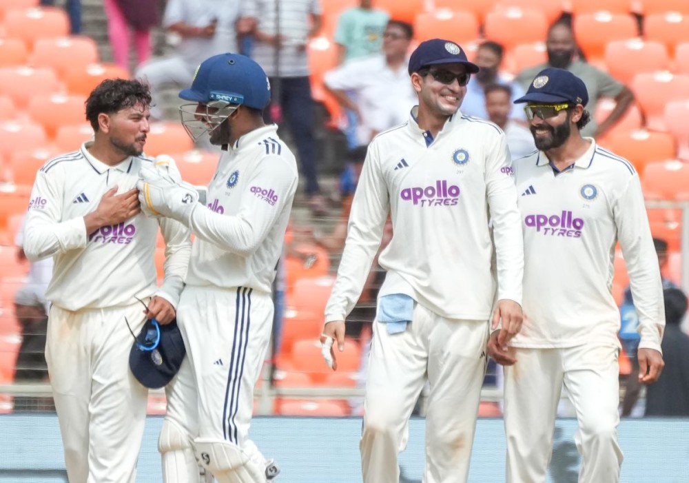Ahmedabad: Indian players celebrate their victory on the third day of the first Test match between India and West Indies in Ahmedabad on Saturday, October 4, 2025. (Photo: IANS)