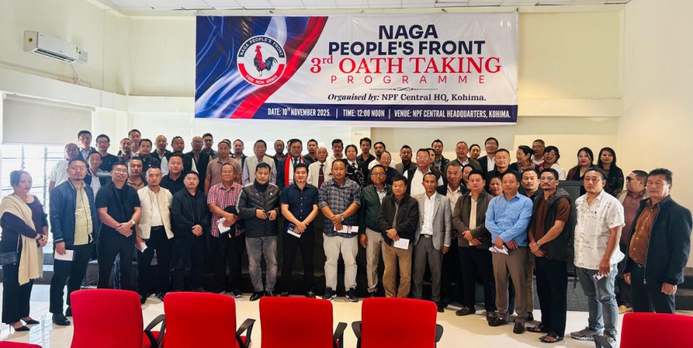 Secretary General and MLA Achumbemo Kikon along with party officials during the oath-taking ceremony for the party’s office bearers at the Central Office in Kohima on November 10.