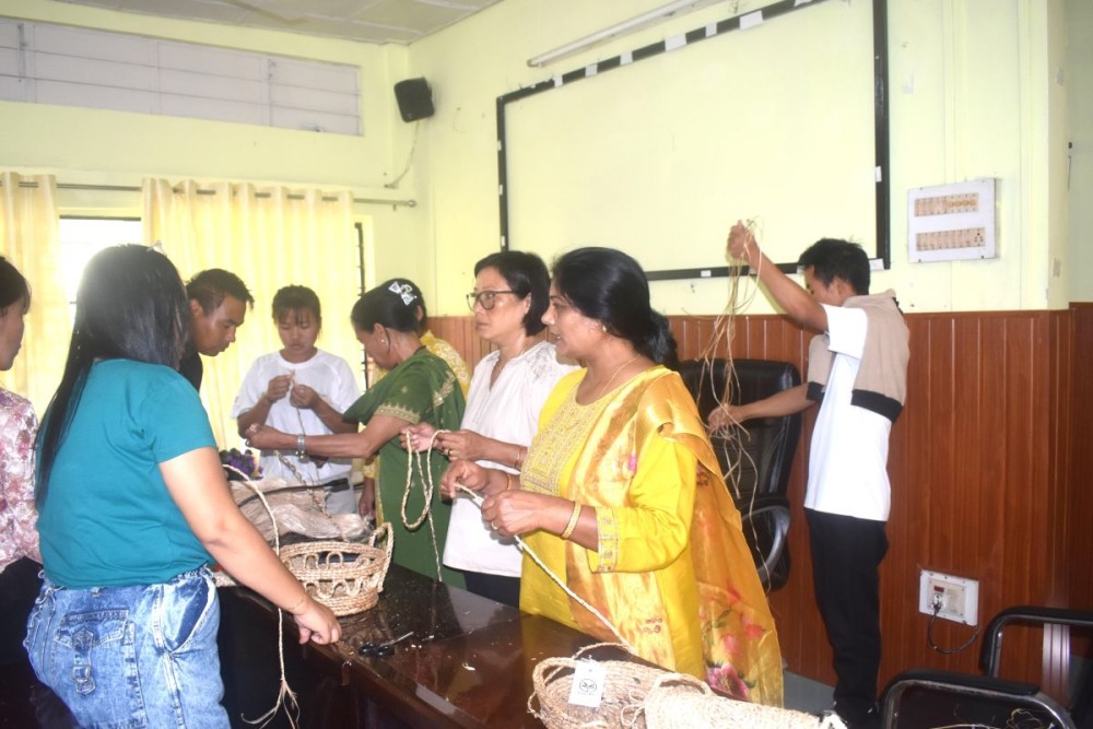 A hands-on session on banana fibre product in progress during the three-day training programme on Skill Enhancement Training on Value Addition of Mithun Meat and Local Resources for Livelihood Improvement” held at ICAR–NRC on Mithun, Medziphema on from October 29-31.