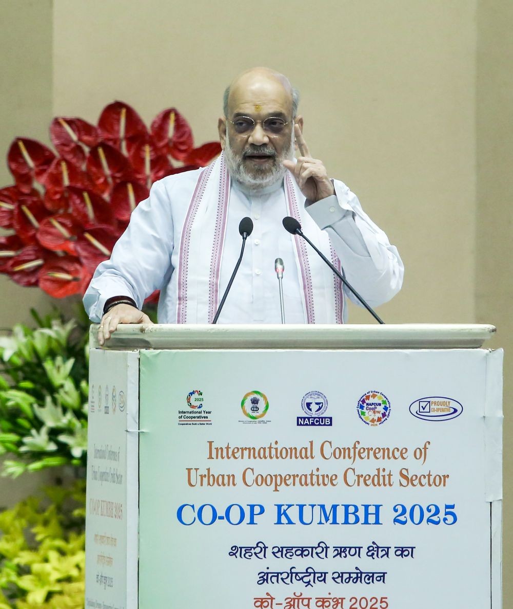 Union Home Minister Amit Shah speaks at the International Conference of Urban Cooperation Credit Sector ‘CO-OP KUMBH 2025’ at Vigyan Bhawan in New Delhi on Monday, November 10, 2025. (Photo: IANS/Prem Nath Pandey)