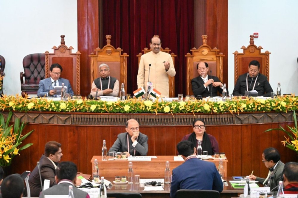 Lok Sabha Speaker Om Birla speaking at the Nagaland Legislative Asembly in Kohima on November 10. (PIB Photo)