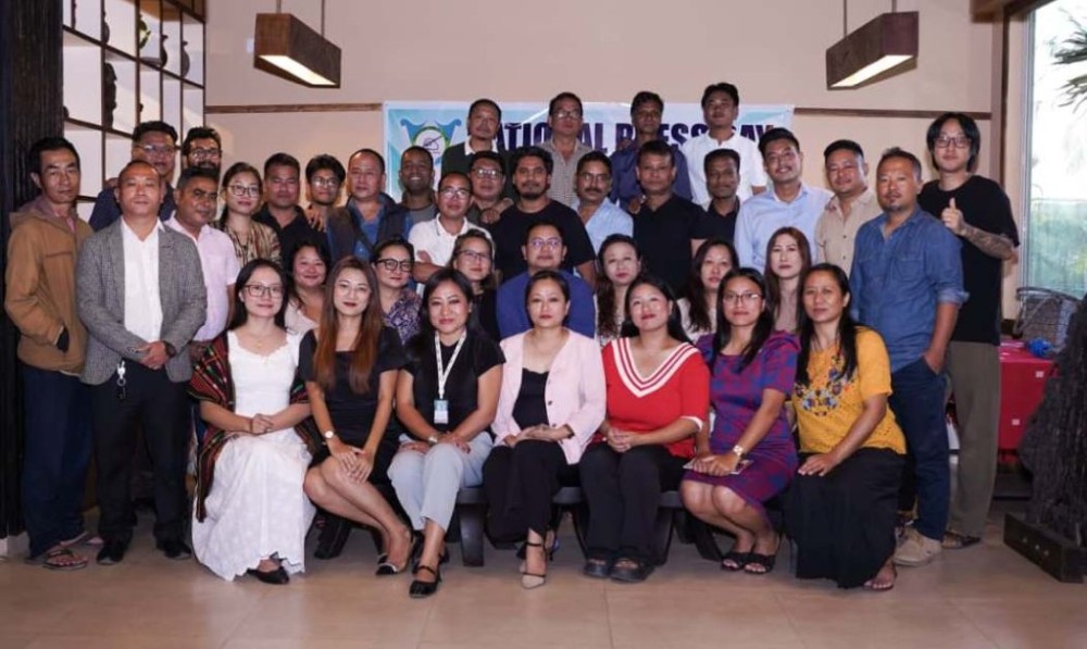 Members of the Dimapur Press Club during the observance of National Press Day 2025 at Ethnic Table, Notun Bosti, Dimapur, on November 16.