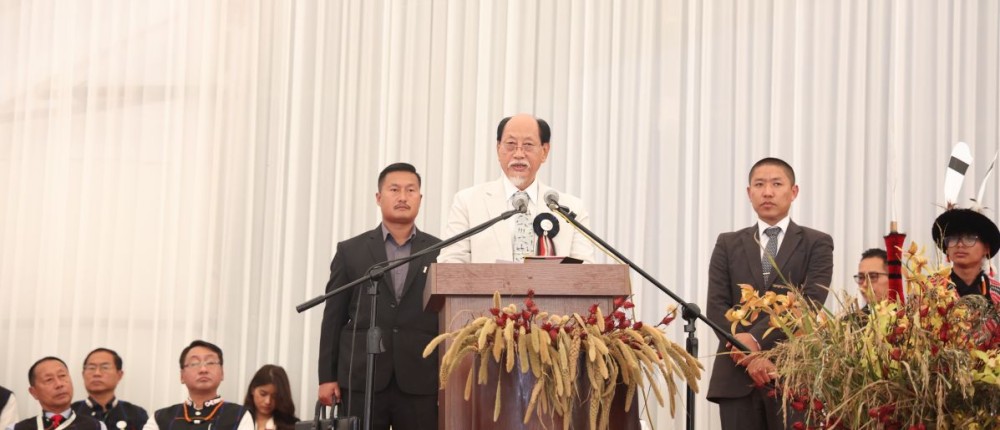 Dr. Neiphiu Rio addressing the yearlong golden jubilee celebration of KLH in Kohima on November 7. Morung Photo