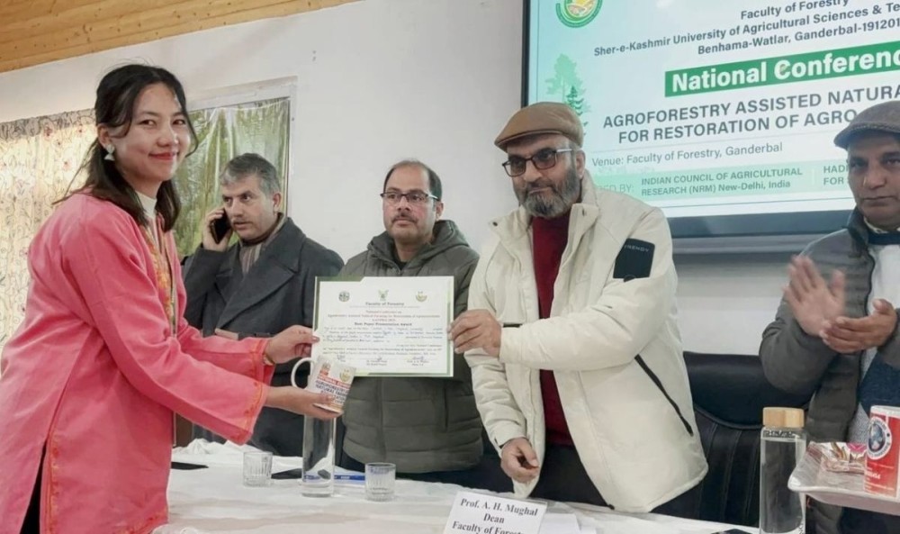 Vieneite-o Koza, a research scholar in the Department of Forestry, Nagaland University was awarded the Best Paper Presentation Award at the National Conference on “Agroforestry Assisted Natural Farming for Restoration of Agroecosystems (AANFRA-2025).