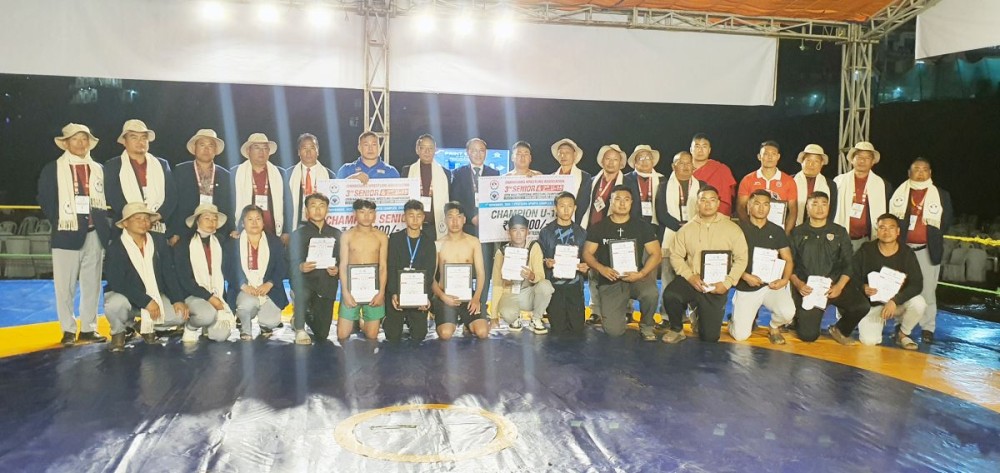 Winners of 3rd Senior & 2nd U -15 Open Naga Traditional Wrestling Championship 2025 with officials at Pfutsero on November 7. (Morung Photo)