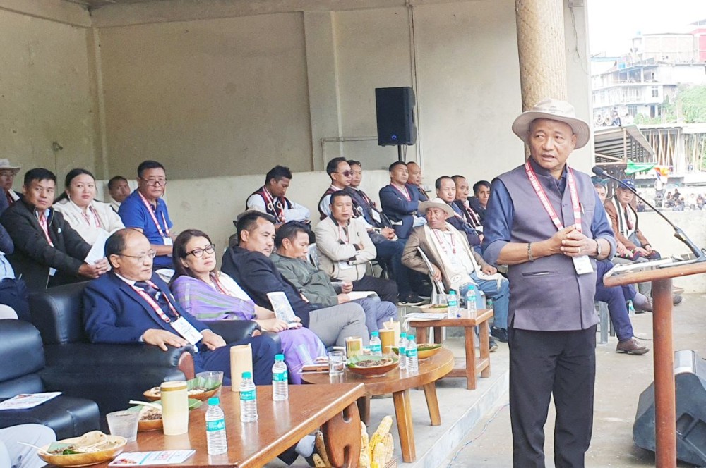 CL John addressing Senior and 2nd Under-15 Open Naga Traditional Wrestling Championship at Pfutsero on November 7. (Morung Photo)