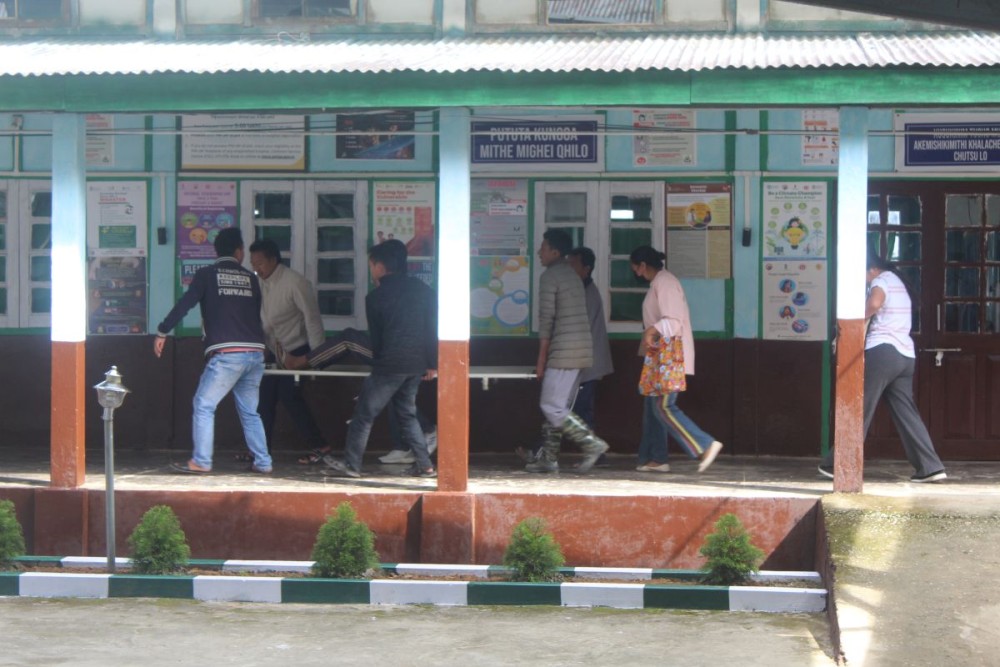 An injured person from a road accident near Lukhuyi junction, Aghunato, Zunheboto district, is rushed to the Emergency Section of Hezukhu Memorial District Hospital, Zunheboto. (Morung Photo)