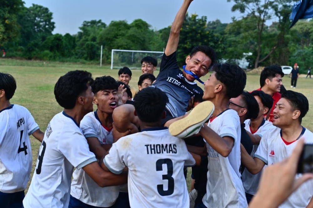 Tetso players celebrate after winning the football final of the 3rd Patkai Trophy 2025 against St. Xavier College, Jalukie, on October 31. The team won the match 2–1 after a tight contest.