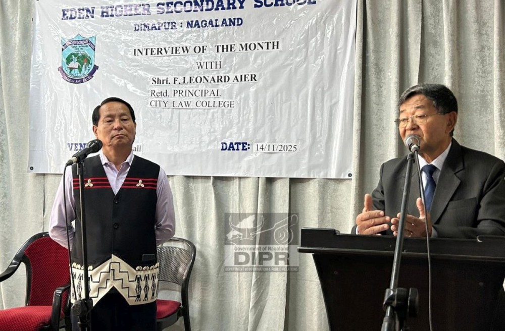 Leonard Aier with Dr M L Ngullie during the ‘Interview of the Month’ programme held at Eden Higher Secondary School, Dimapur on November 14. (DIPR Photo)