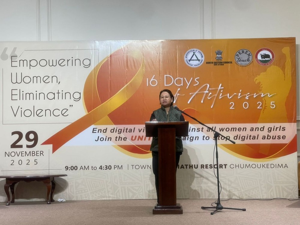 Deputy Commissioner of Police (Crime) and PRO Dimapur Police, Khekali Y Sumi addresses the 16 Days of Activism 2025 event held at Town Hall, Zone Niathu by The Park Chümoukedima on November 29. (Morung Photo)