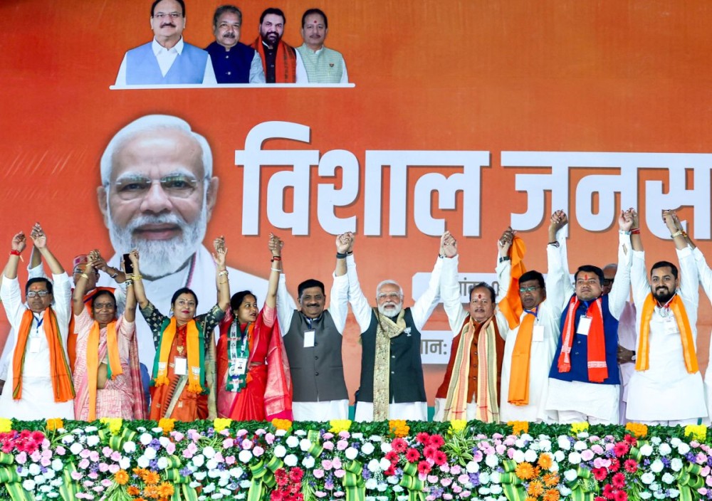 Sitamarhi: Prime Minister Narendra Modi at a public rally for Bihar Assembly elections as Bihar Deputy Chief Minister Vijay Kumar Sinha and others look on at Dumra Airport Ground, in Sitamarhi, Bihar, on Saturday, November 8, 2025. (Photo: IANS)