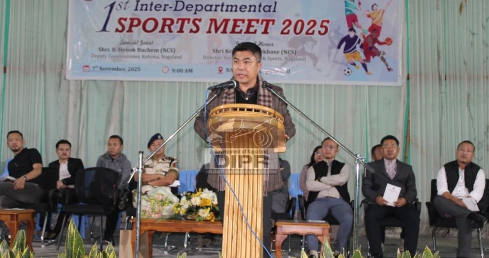 Deputy Commissioner of Kohima, B Henok Buchem, addresses the gathering at the1st Inter-Departmental Sports Meet of Chiephobozou Sub-Division held at the NAPO Multipurpose Hall, Chiephobozou, Kohima on November 7. (DIPR Photo)