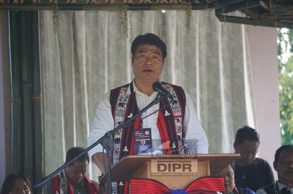 ADC Mokokchung, Atsungba Walling, speaking during the opening programme of P Shilu Ao Memorial Indigenous Games Festival-cum-2nd Tug of War Championship at Longjang Village, Mokokchung. (DIPR Photo)