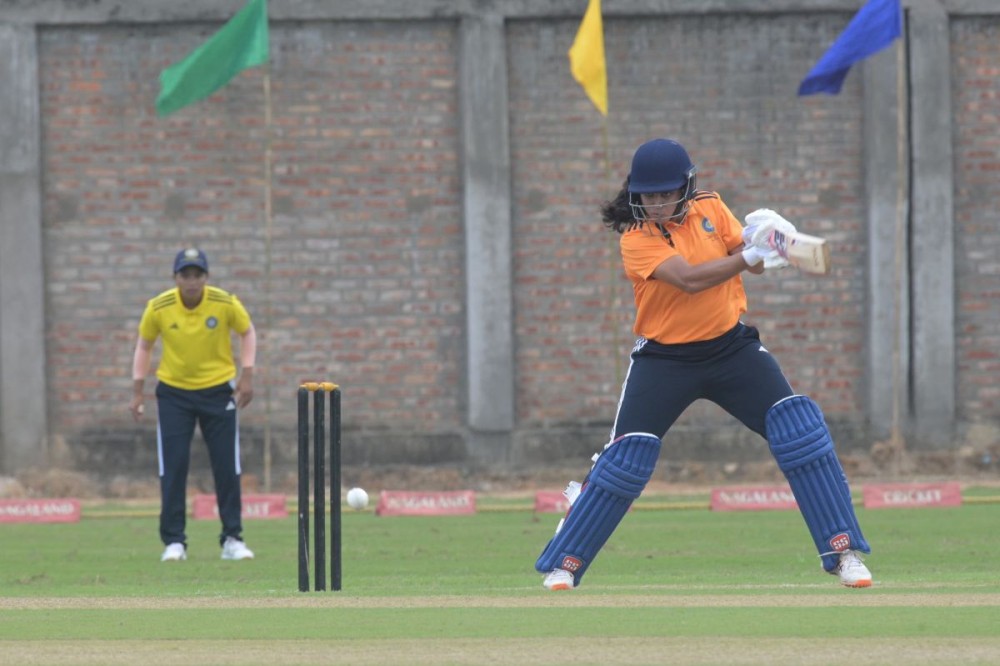 A West Zone batter drives a shot during their match against North East Zone on the first day of the ongoing Senior Women’s Inter-Zonal T20 Trophy at the Sovima Cricket Ground on November 4. West won the match by 126 runs.  (Photo Courtesy: NCA)