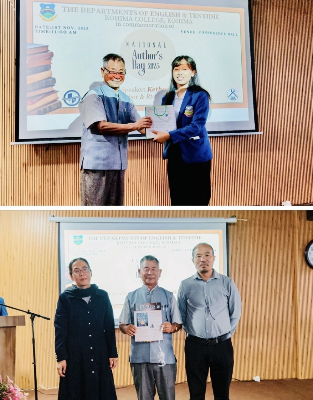 Resource person with the winner of the essay writing competition (Top) Resource person, Kethoselie Zhale, releases the first edition of the Department of English newsletter “Eunoia” (Bottom)