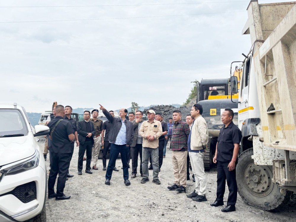 Chief Minister Dr Neiphiu Rio, Deputy Chief Minister in charge of National Highways TR Zeliang, and officials inspecting the ongoing road repair works along the National Highway at Kezanu, Jotsoma village on November 1. (DIPR Photo)