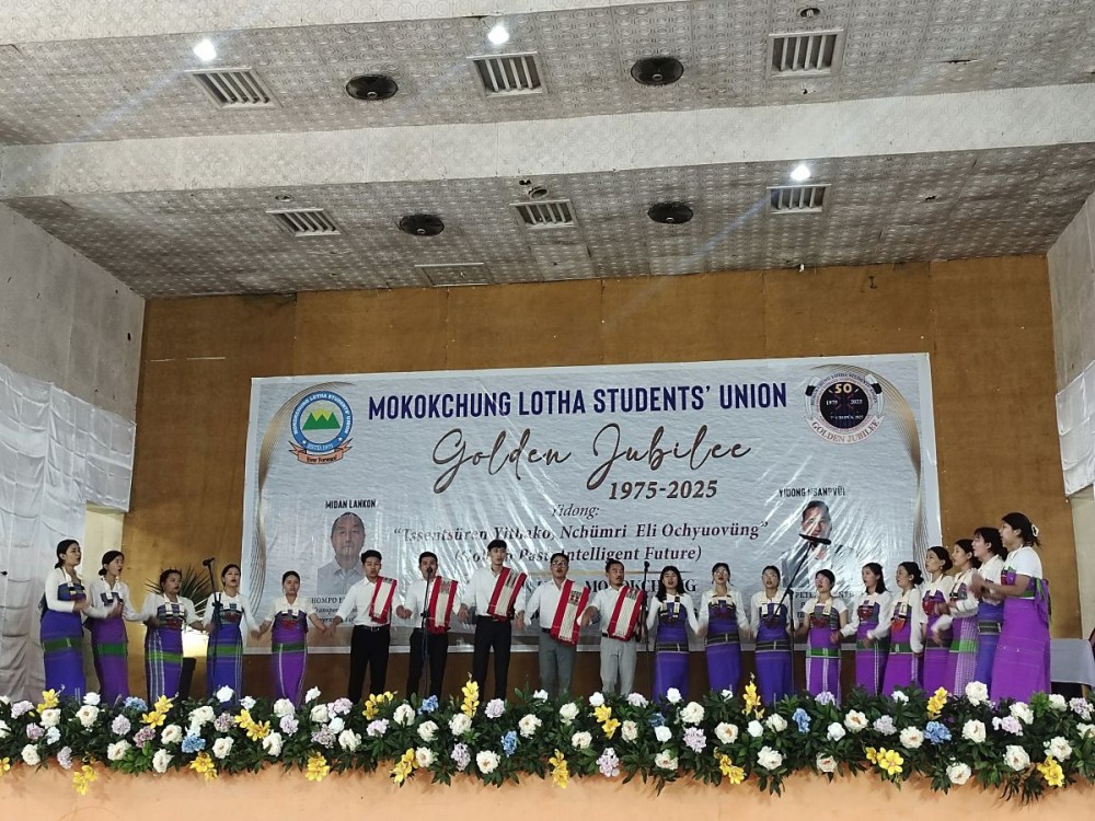 Lotha students of Clark Theological College, Aolijen, present a special performance at the Mokokchung Lotha Students’ Union Golden Jubilee celebration held on November 7 at the Mokokchung Town Hall. (Insert)Chief Guest Elias T. Lotha, Transport Commissioner, Government of Nagaland. (Morung Photo)