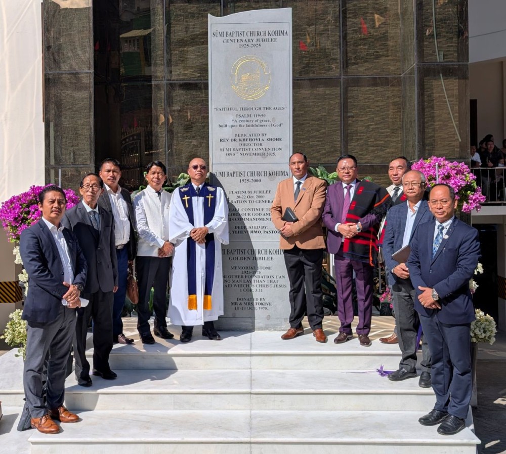 Rev. Dr. Khehovi A. Shohe, Director, Sumi Baptist Convention, along with dignitaries, after unveiling the Centenary Jubilee Monolith at Sumi Baptist Church, Kohima on November 8.