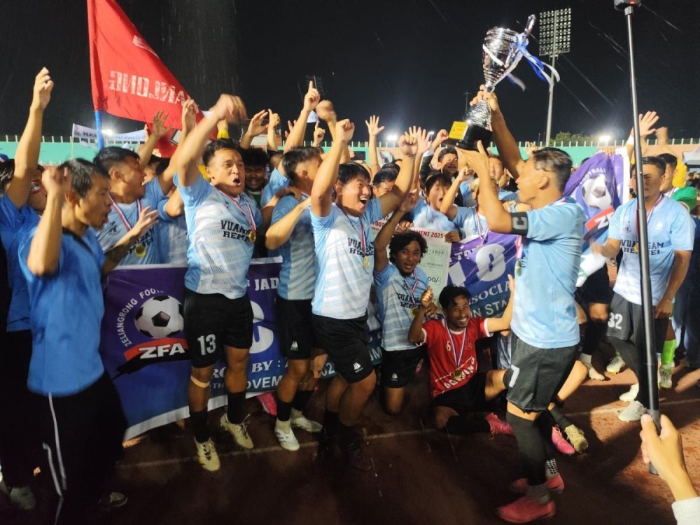 Namthanlong Youth Club player celebrate after winning the 14th Jadonang Memorial Football Tournament 2025 after defeating Sawombung 6–3 in the final at the Main Stadium, Khuman Lampak, Imphal East on November 8. (Photo Courtesy: ZFA)
