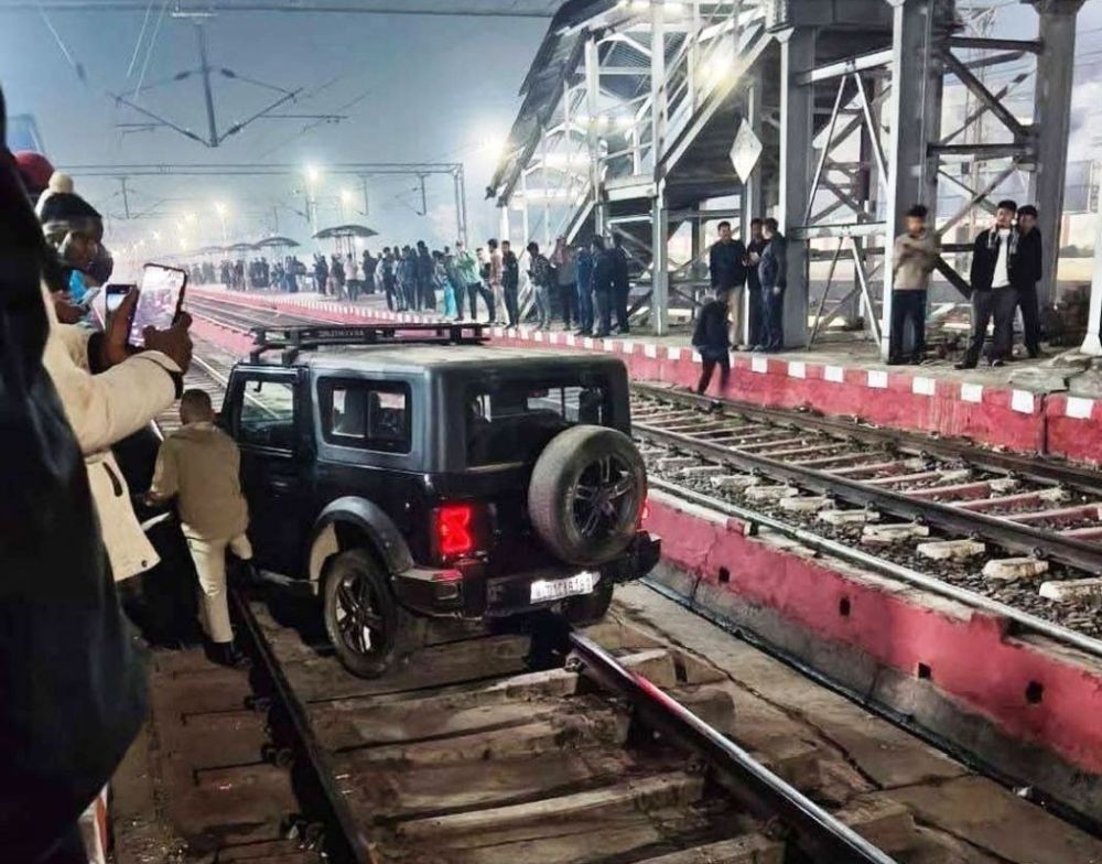 The Mahindra Thar vehicle stuck on railway tracks in Dimapur on Tuesday night.